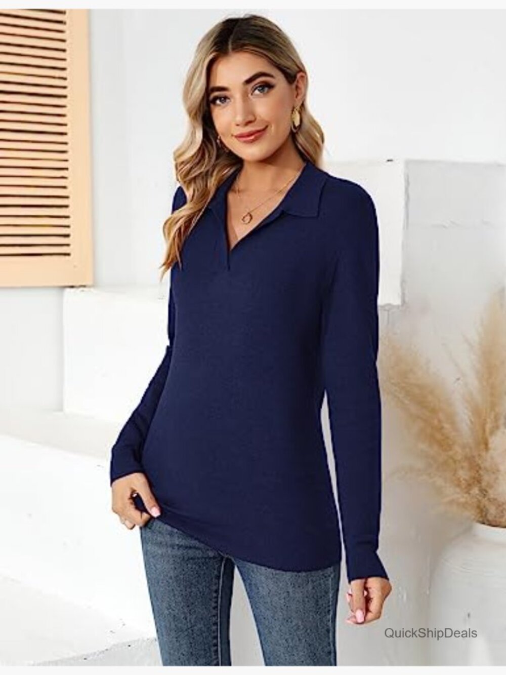 Women's Knitted V-Neck Polo Sweater Long Sleeve Winter Pullover - Picture 5 of 7